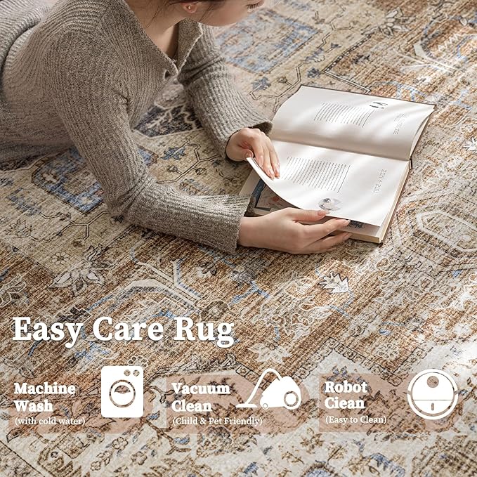 6'x9' Area Rug - Vintage Persian Medallion Design Low-Pile Faux Wool Rug, Non-Slip Backing, Machine Washable, for Living Room, Dining Room, Bedroom (Brick Red)-Ruum Studio Home