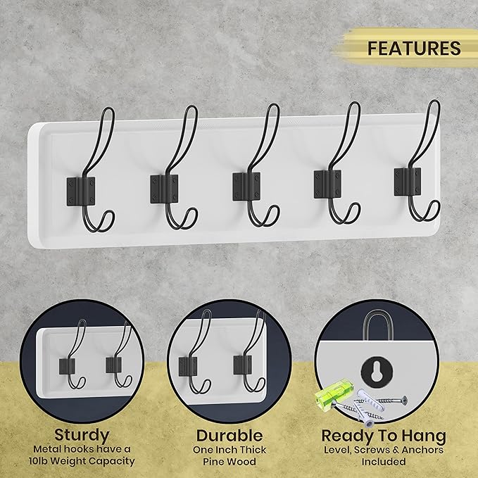 HBCY Creations White Solid Wood Wall Mounted Coat Rack with Shelf, 5 Hooks, 24" Long - Kitchen, Mudroom, Entryway, Bathroom - Includes Mounting Hardware, Coat Hanger, Dog Leash Hooks, Towel Rack-Ruum Studio Home