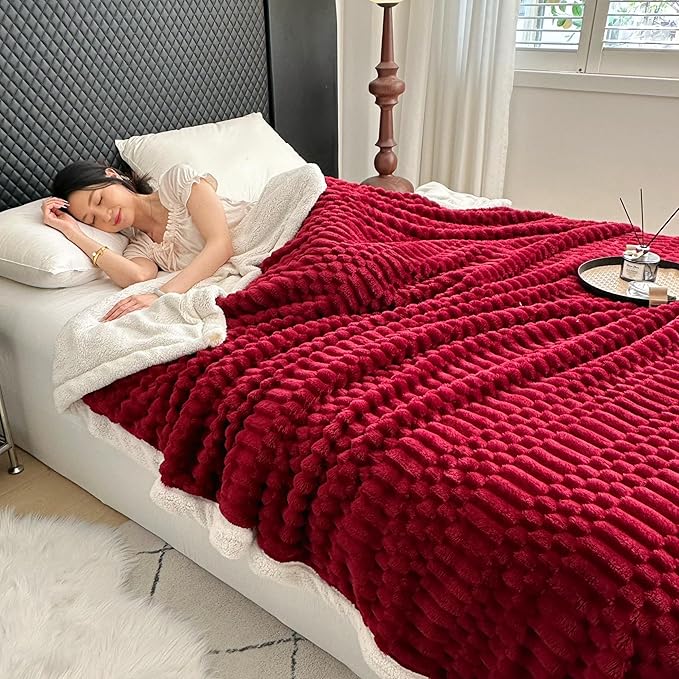 UKELER Sherpa Bed Blanket 80 × 90 inch, Ultra Soft Queen Size Throw Blanket for All Season, 470 GSM Cozy Plush Striped Fleece Blankets for Bedroom Living Room Dorm Hostel Sofa Camping, Red-Ruum Studio Home