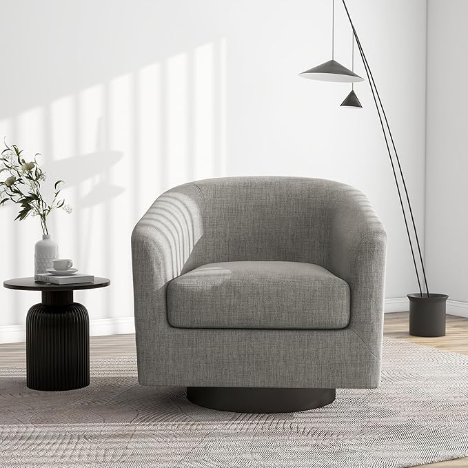 Swivel Barrel Accent Chair, Modern Round Linen Arm Chair for Living Room, Bedroom, Comfy Club Reading Chairs for Adults（Linen Fabric, Khaki, Set of 1-Ruum Studio Home