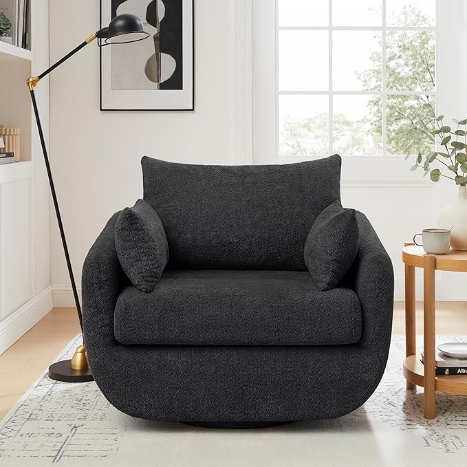 360° Swivel Accent Armchair, 39.3" Oversized, Sherpa Boucle Fabric Sofa Chair with Removable Back & Arm Pillows, Swivel Chair with Cozy Soft Padded, No Assembly Required (1, Dark Gray)-Ruum Studio Home