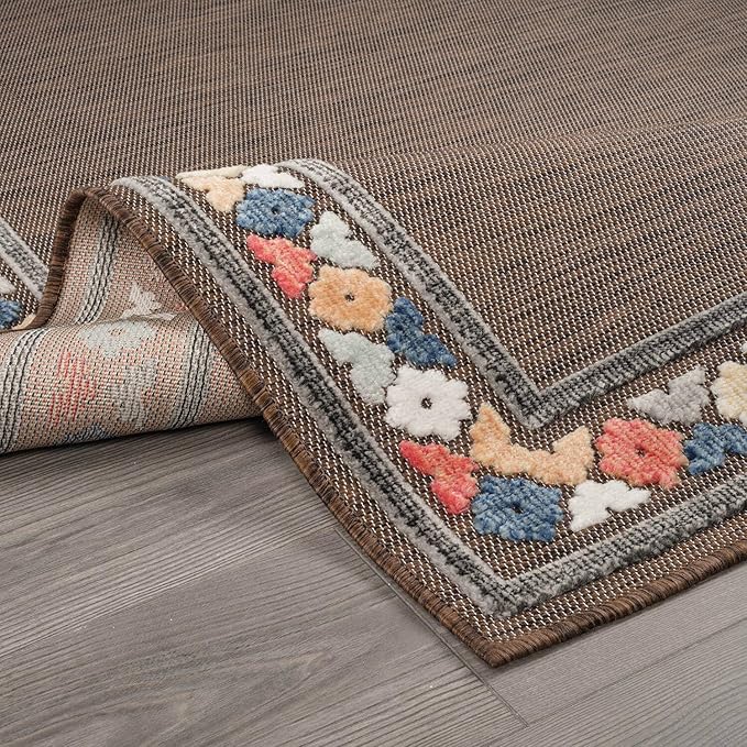 Beverly Rug Outdoor Runner Rug 2x7 Modern Floral Bordered Area Rugs for Indoor and Outdoor Patio Easy to Clean Non Shedding Living Room Porch Garden Washable Outside Carpet (2 x 7 Brown)-Ruum Studio Home