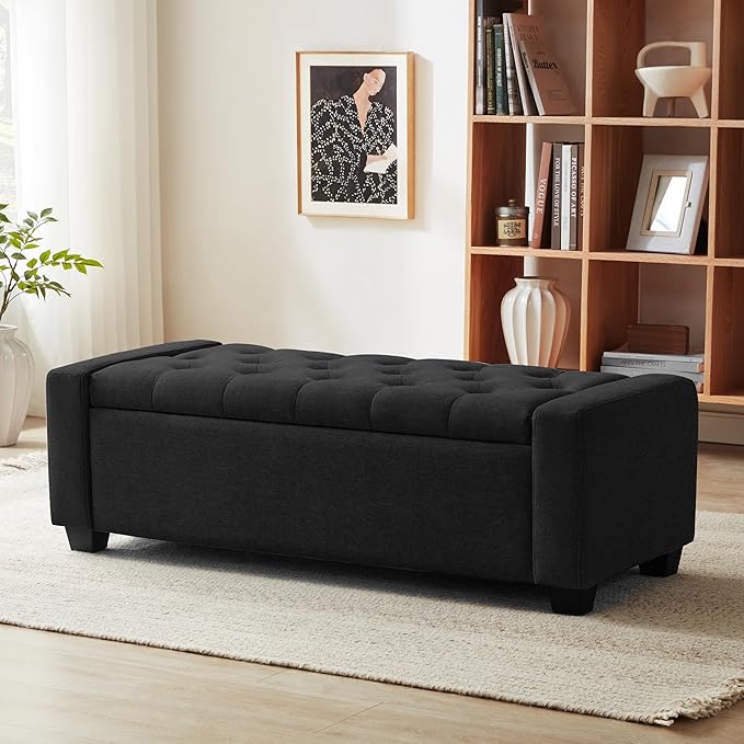 48" Ottoman with Storage, Black Storage Ottoman Bench with Safety Hinge, Upholstered Entryway Bench with Seating for Bedroom, Living Room, Holds up to 330 lb-Ruum Studio Home