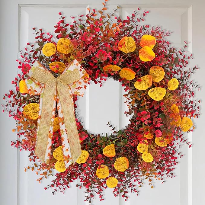 CYANBLOOM Fall Front Door Wreath: 24 Inch Large Burgundy Boxwood Eucalyptus Wreaths with Maple Bow for Rustic Farmhouse Decor - Weatherproof Outdoor Indoor All Season - Thanksgiving Halloween Decor-Ruum Studio Home