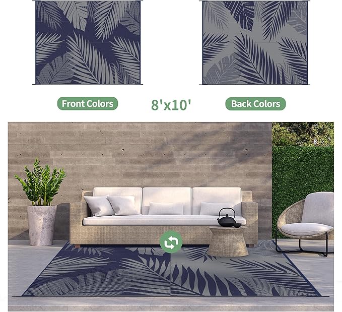 GENIMO Outdoor Rug 8' x 10' Waterproof for Patios Clearance, Reversible Outdoor Plastic Straw Camping Rug Carpet, Large Area Rugs Mats for RV, Camper, Deck, Balcony, Porch, Beach, Navy Blue&Grey-Ruum Studio Home