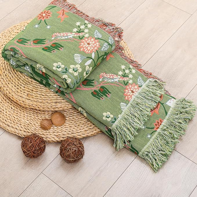 Boho Throw Blanket for Bed, 100% Cotton Ultra Soft Rustic Quilt King Blanket Florals and Animals Printed Farmhouse Decor Large Bed Blankets,90"×98" All Season Rustic Throw for Sofa Couch Chair-Ruum Studio Home