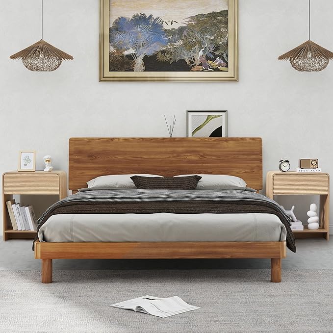 Fluted Nightstand Set of 2 with Charging Station, Modern Bed Side Table End Table with Drawer Storage, Large Wooden Night Stands Bedside for Bedroom Living Room Sofa Office, Natural 2 Sets-Ruum Studio Home