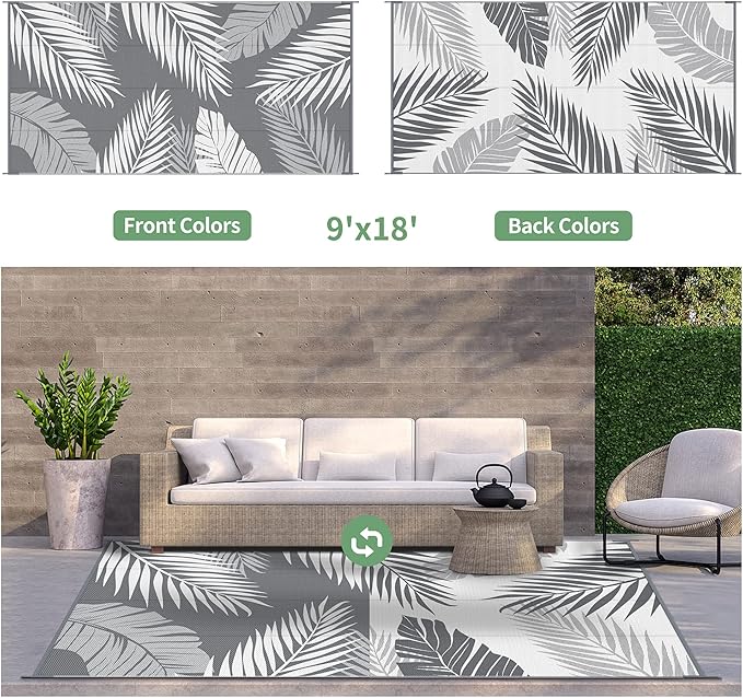 GENIMO Outdoor Rug 9' x 18' Waterproof for Patios Clearance, Reversible, Plastic Straw Camping Rug Carpet, Large Area Rugs Mats for RV, Picnic, Backyard, Deck, Balcony, Porch, Beach, Grey&White-Ruum Studio Home