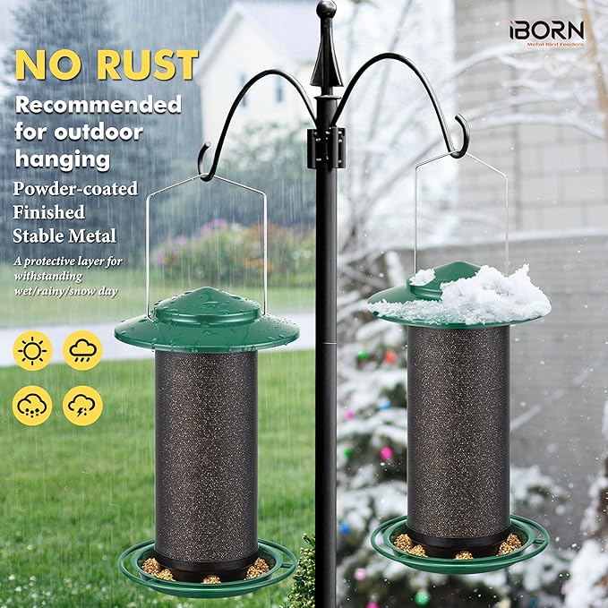 iBorn Bird Feeders for Outdoors, All Metal Mesh Tube, Holding Bird Seed for Outside Feeders,18cm Large Roof, Green, 2.8lb(Seed is not Included)-Ruum Studio Home