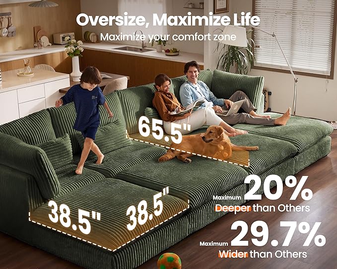 Oversized Modular Sofa, Extra Deep Cloud Corduroy Sectional Couch with Ottoman Chaise, Fluffy Corduroy 2 Seater Sofa Bed for Living Room, Villa (Loveseat Sofa, Corduroy Green)-Ruum Studio Home