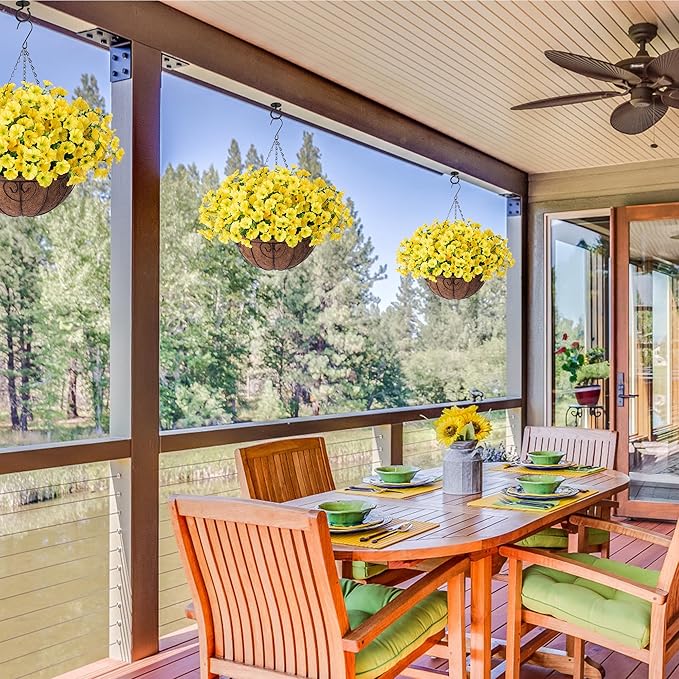 Artificial Fall Flowers Fake Hanging Plants Flowers Basket for Outdoors Autumn Decoration, Yellow Silk Morning Glory with Eucalyptus Look Real UV Resistant Faux Flowers for Outside Porch Patio Balcony-Ruum Studio Home