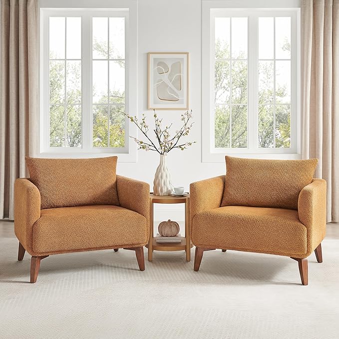 Oversized Accent Chair Modern Boucle Armchair for Living Room Sets of 2 - 37" Wide & Cozy Reading Accent Chair with Solid Wood Legs, Curry Upholstered Lounge Chair for Bedroom & Office (Easy Assembly)-Ruum Studio Home