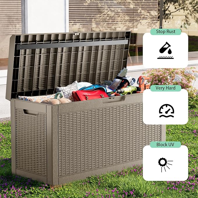60 Gallon Resin Deck Box, Lockable Outdoor Storage Box for Patio Cushions Storage Furniture,Garden Tools, Pool Supplies, Weatherproof and UV Resistant (Grey Rattan)-Ruum Studio Home
