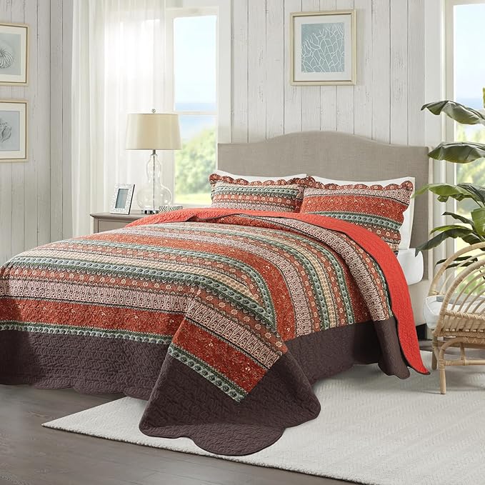 NEWLAKE Cotton Bedspread Quilt Sets - Reversible Patchwork Coverlet Set, Red Striped Jacquard Pattern, Oversized King Size-Ruum Studio Home