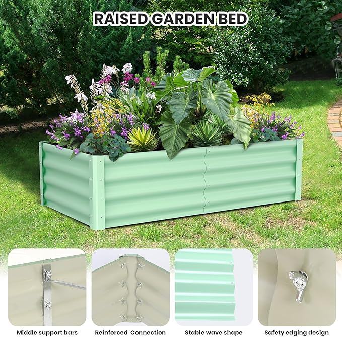 Galvanized Raised Garden Bed Outdoor, 2 Pcs 6x3x1FT Outdoor Large Planter Raised Beds Open Base with Safety Edge and Glove for Vegetables Flowers Ground Planter, Green-Ruum Studio Home