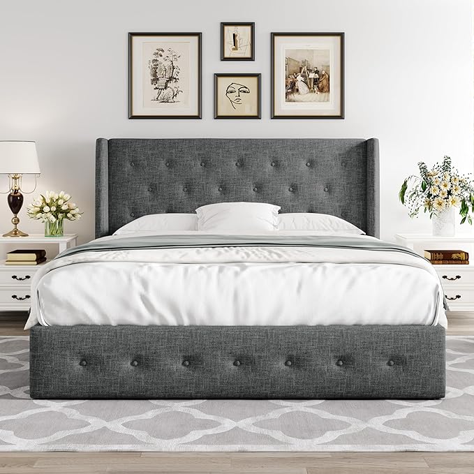 Allewie Queen Size Lift Up Storage Bed, Button Tufted Headboard with Wingback, Hydraulic Support, No Box Spring Needed, Dark Grey-Ruum Studio Home