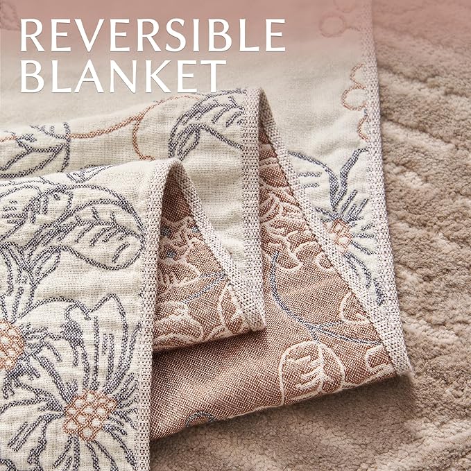 JINCHAN Boho Floral 100% Cotton Blanket 4-Layer Throw Blanket with Tassel Taupe and White Flower Butterfly Soft Luxury Rustic Farmhouse Decor Blanket for Couch Bed 80x90 inch All Season gift for women-Ruum Studio Home