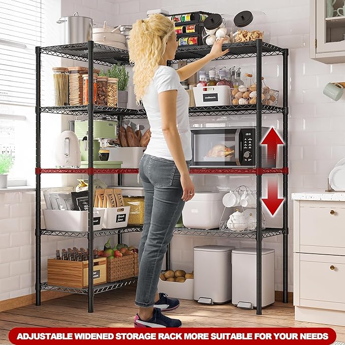 REIBII 5 Tier Wire Shelving Storage Shelves Loads 1430LBS, 58" W Metal Shelving Unit for Storage Adjustable Heavy Duty Garage Shelving Pantry Shelves Kitchen Shelving, Black, 2 Pack-Ruum Studio Home