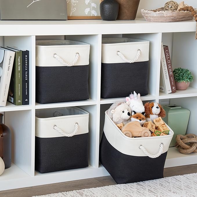 OrganiHaus 11x11 Cube Storage Bins 4 Pack, Foldable Cube Storage Organizer w/ Rope Handles, Collapsible Fabric Bins for Toys, Clothes & Closet Organization, Fabric Square Baskets - Black/White-Ruum Studio Home