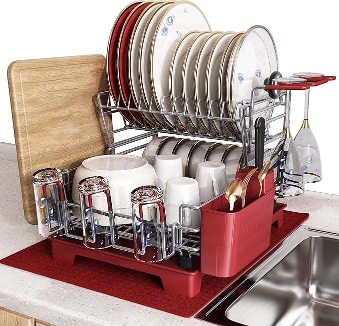 BOOSINY 2 Tier Red Large Stainless Steel Dish Drainers Drying Rack for Kitchen Counter with Drainboard, Rust Proof Metal, Space Saving, Modern Aesthetic, Compact Plates Strainers with Extra Mat-Ruum Studio Home