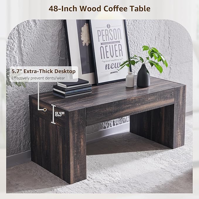 OKD 48" Modern Farmhouse Coffee Table, Wooden Living Room Table with Hidden Storage Drawer, Rustic Rectangular Center Tables w/Wood Thick Design for Living Room, Office, Dark Rustic Oak-Ruum Studio Home