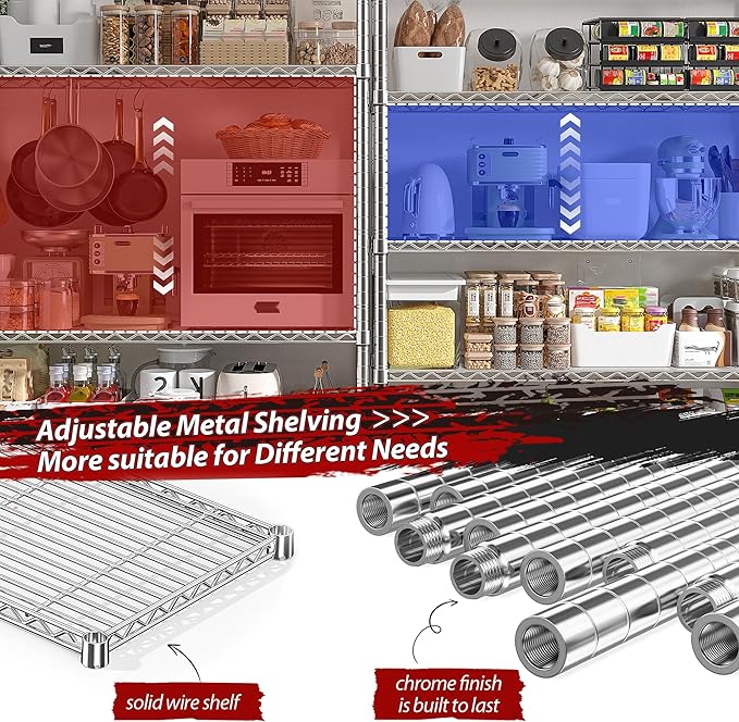 REIBII 69.8" W Storage Shelves 1510LBS Wire Shelving Unit 5 Tier Metal Shelving for Storage Rack Shelves Adjustable Heavy Duty Garage Shelf Pantry Shelves Kitchen Shelving,69.8"Wx15.8"Dx72.4"H,Chrome-Ruum Studio Home