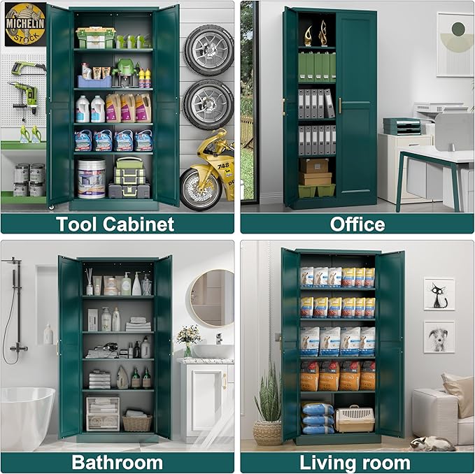 71" Storage Cabinet, Metal Pantry Cabinet, Kitchen Pantry Storage Cabinets with Doors and 4 Shelves, Cabinets for Laundry Room, Living Room, Dinning Room, Assembly Required, Green-Ruum Studio Home