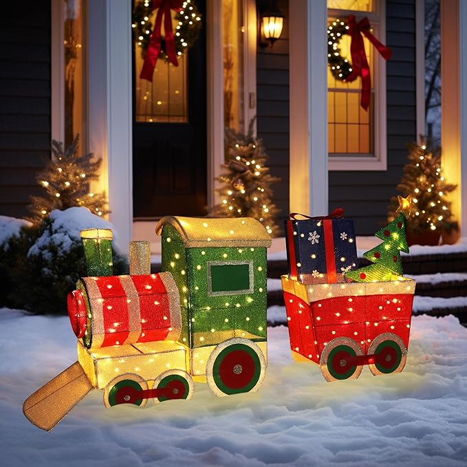 5FT Light-Up Christmas Train Decor with 170 LED Lights, 3D Pre-Lit Train Set with Gift Box and Christmas Tree for Xmas Decoration, Freestanding Glittered Holiday Display for Outdoor, Indoor-Ruum Studio Home