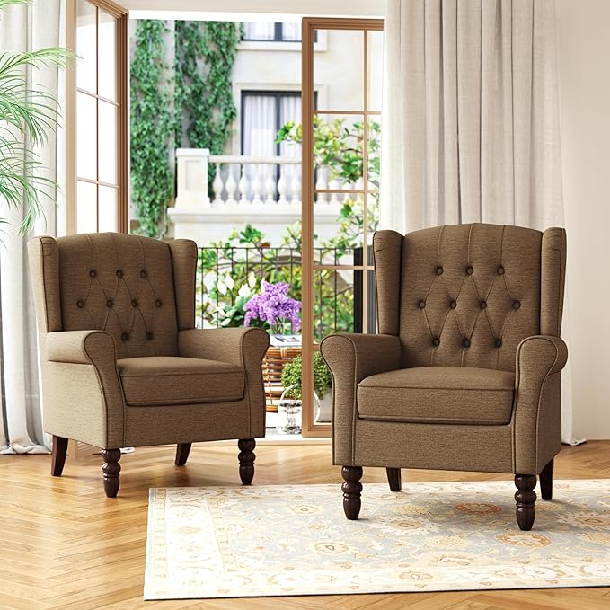 Accent Chair, Upholstered Armchair with Button Tufted High Back & Solid Wood Legs, Comfy Wingback Reading Single Sofa Chair for Small Spaces, Living Room, Bedroom (Brown, Set of 1)-Ruum Studio Home