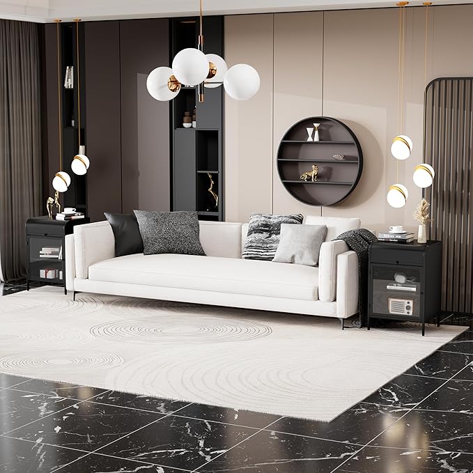 Modern Metal Side Tables Set of 2, End Tables with Glass Door, 2-Tier Nightstands with Storage Shelves, Accent Table, Slim Sofa Table for Living Room, Bedroom (Black)-Ruum Studio Home