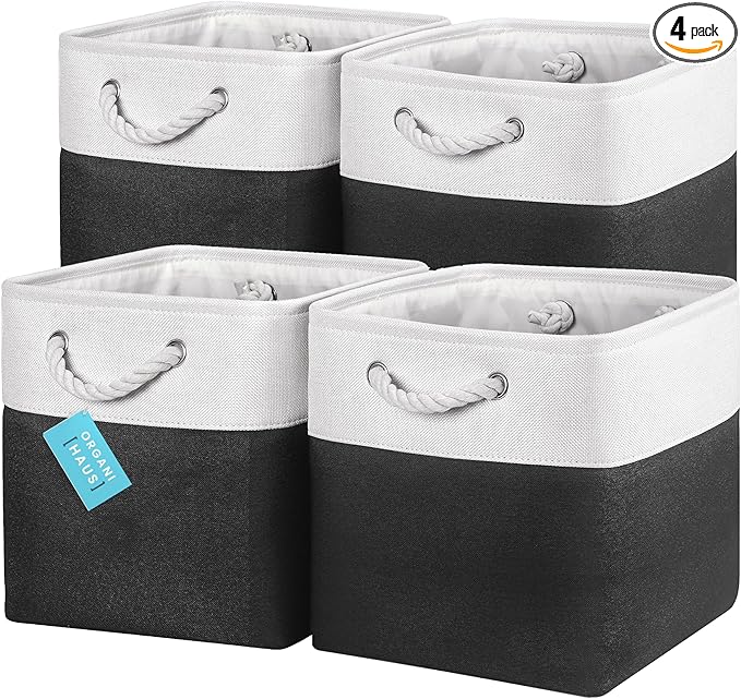 OrganiHaus 12x12 Cube Storage Bins 4 Pack, Foldable Cube Storage Organizer w/ Rope Handles, Collapsible Fabric Bins for Toys, Clothes & Closet Organization, Fabric Square Baskets - Black/White-Ruum Studio Home