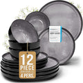 Stoneware dinnerware set 4 persons 12 pcs - Dishwasher, microwave and scratch resistant - Bowl and plate set 4 persons modern - Dinner service Pure Living black in gray…-Ruum Studio Home
