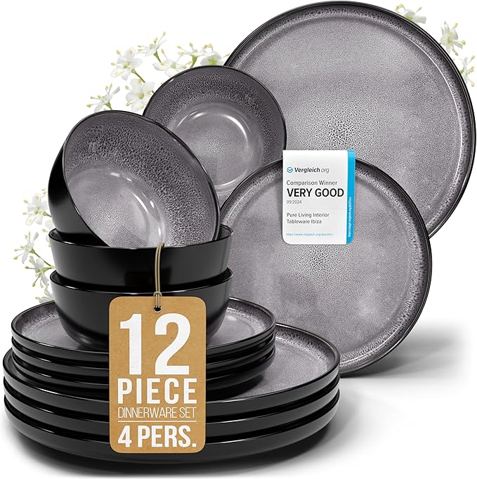 Stoneware dinnerware set 4 persons 12 pcs - Dishwasher, microwave and scratch resistant - Bowl and plate set 4 persons modern - Dinner service Pure Living black in gray…-Ruum Studio Home