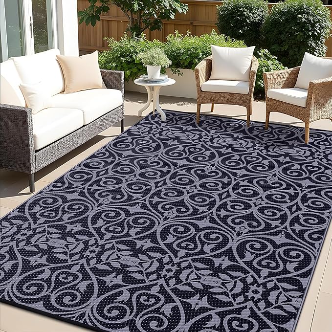 OLANLY Outdoor Rug Waterproof 9x12 ft Clearance, Reversible Outdoor Plastic Straw Rug with Floral Pattern, RV Mat for Patio, Camping, Balcony, Deck, Backyard, Black & Grey-Ruum Studio Home