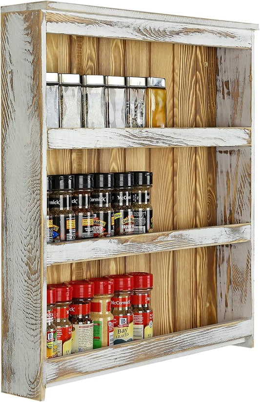 MyGift 3 Tier Wall Mounted Spice Rack, Shabby White Washed and Rustic Natural Burnt Solid Wood Kitchen Pantry Storage Shelf for Seasoning Jars or Condiment Bottles-Ruum Studio Home
