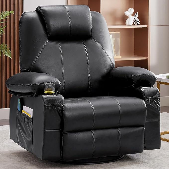 Swivel Rocker Recliner Chair with Heat and Massage, 360 Degree Swivel Rocking Single Sofa with Cup Holders and USB Port, Large Big Recliner Chair for Living Room (Leather, Black)-Ruum Studio Home