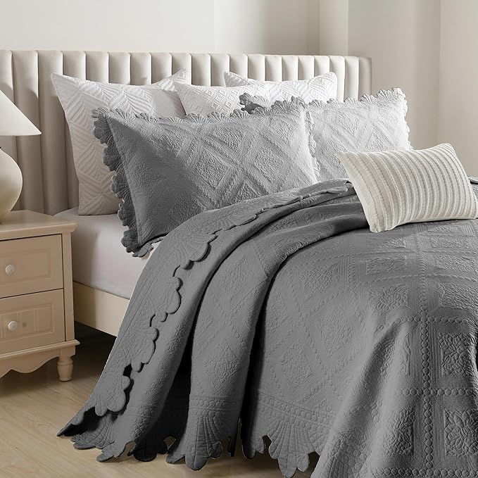 MarCielo 3-Piece 100% Cotton Oversized Bedspread Lightweight Quilt Coverlet Embroidery Farmhouse Bedding Set (Tk Light Grey, Oversized Queen (100"x106"))-Ruum Studio Home