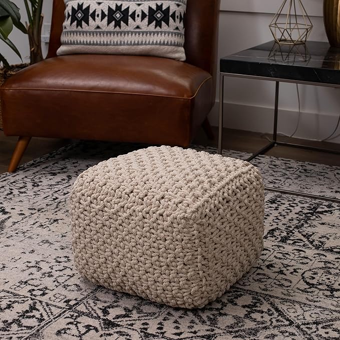 BIRDROCK HOME Square Pouf Ottoman | Cotton Braided Foot Stool with Bean Bag Filling | Boho Foot Rest for Living Room, Bedroom | Compact & Comfortable Seating, Lightweight & Sturdy | Natural-Ruum Studio Home