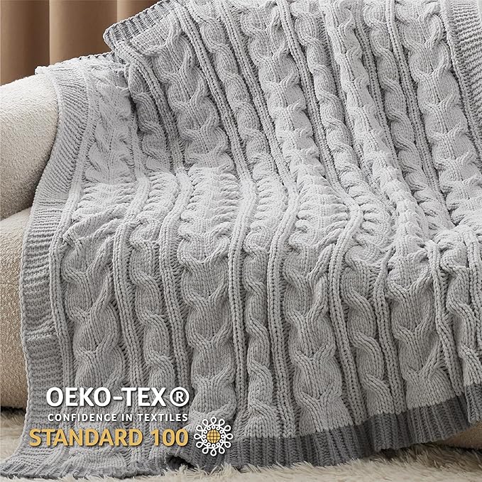 Bedsure Cable Knit Twin Blanket for Couch Bed - Breathable Chenille Chunky Knit Twin Blanket for Decorative Gift, GentleSoft Cozy and Warm for Winter and All Seasons, Grey, 60x80 Inches-Ruum Studio Home