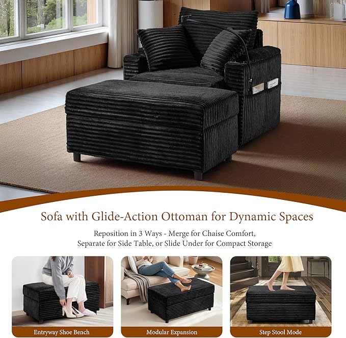 Accent Chair with Storage Ottoman Upholstered Living Room Chairs for Reading Chair with Chaise Lounge Chairs Indoor, Comfortable Armchair for Bedroom-Ruum Studio Home