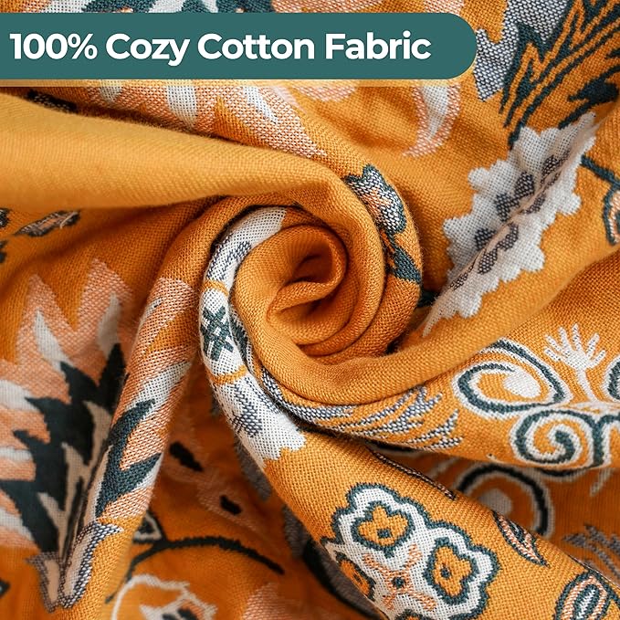 Boho Throw Blanket for Bed,100% Cotton Ultra Soft Lightweight Muslin 4-Layer Breathable Woven Throws 80''x 90'' Blanket Yellow Floral Printed Farmhouse Decor Bed Blankets-Ruum Studio Home