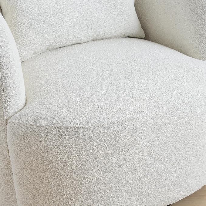 KINWELL 34" Wide Sherpa Swivel Barrel Chair, No Assembly Round Boucle Upholstered Accent Chair Armchair Single Sofa Chair with Toss Pillow for Living Room and Bedroom, Beige-Ruum Studio Home
