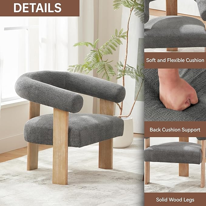 VKNOW Accent Chair Living Room Chair, Modern Upholstered Armchair with Solid Wood Legs, Comfy Barrel Arm Chairs for Living Room Bedroom, Dark Grey-Ruum Studio Home