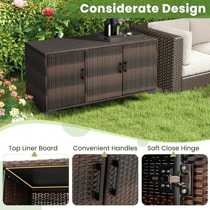 RELAX4LIFE 84-Gallon Outdoor Storage Box - Wicker Rattan 3-Door Patio Storage Cabinet Container w/Removable Shelves for Cushions, Garden Tools, Pool & Sports Equipment, Indoor Outdoor Deck Box (Brown)-Ruum Studio Home