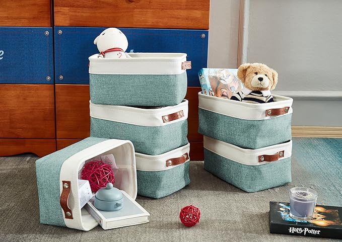 DECOMOMO Small Storage Basket, Closet Storage Bins, Baskets for Organizing Shelves (Teal & White, Small - 6 Pack)-Ruum Studio Home