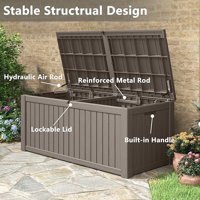 150 Gallon Resin Deck Box, Large Indoor and Outdoor Storage Box, Weatherproof and UV Resistant Outdoor Storage Box with Built-in Steel Beams for Patio, Cushions, Pool Supplies-Ruum Studio Home