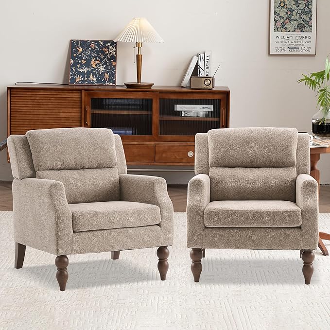 Kidol & Shellder Light Brown Oversized Accent Chair for Living Room Set of 2 Modern Reading Chair with Back Upholstered Comfy Single Sofa Chair for Bedroom Lounge Side Corner Boucle Fabric Armchair-Ruum Studio Home