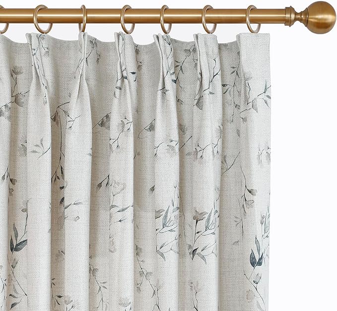 Pinch Pleated Floral Linen Curtains, 40 Inch Wide by 102 Inch Long Printed Curtains for Privacy Light Filtering, Suitable for Living Rooms and Sunrooms.2 Panels-Ruum Studio Home