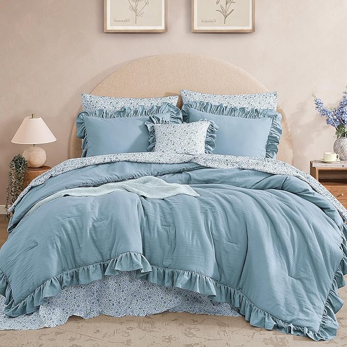 King Comforter Set - 7 Pieces Ruffle Blue Bedding Sets, Shabby Chic Farmhouse Bed in a Bag King with Ruffle Comforter, Floral Sheets, Pillowcases & Shams-Ruum Studio Home