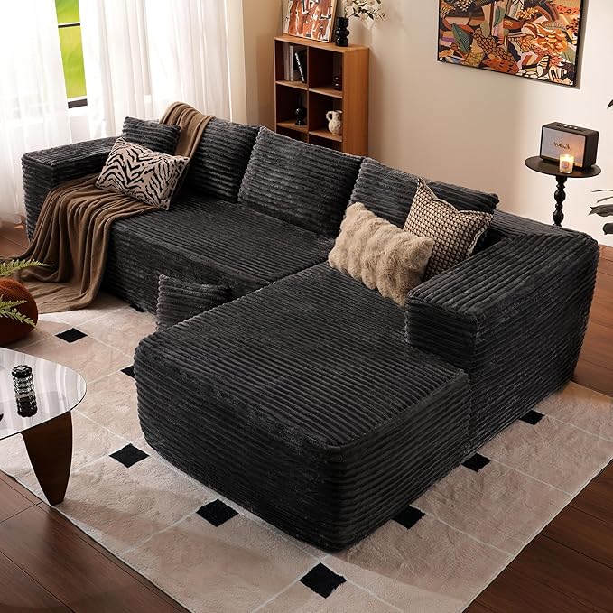 ovios 104" Cloud Sectional Couch with L-Shape Chaise,Modern Modular Sofa with Deep Seat, Upholstered Couches for Living Room Bedroom,No Assembly Required, Grey (Plush Corduroy Fabric)-Ruum Studio Home